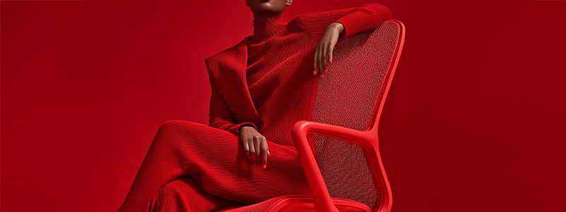 Eine Frau sitzt auf einem roten Bürostuhl vor einem roten Hintergrund Eine Frau sitzt auf einem roten Bürostuhl vor einem roten Hintergrund