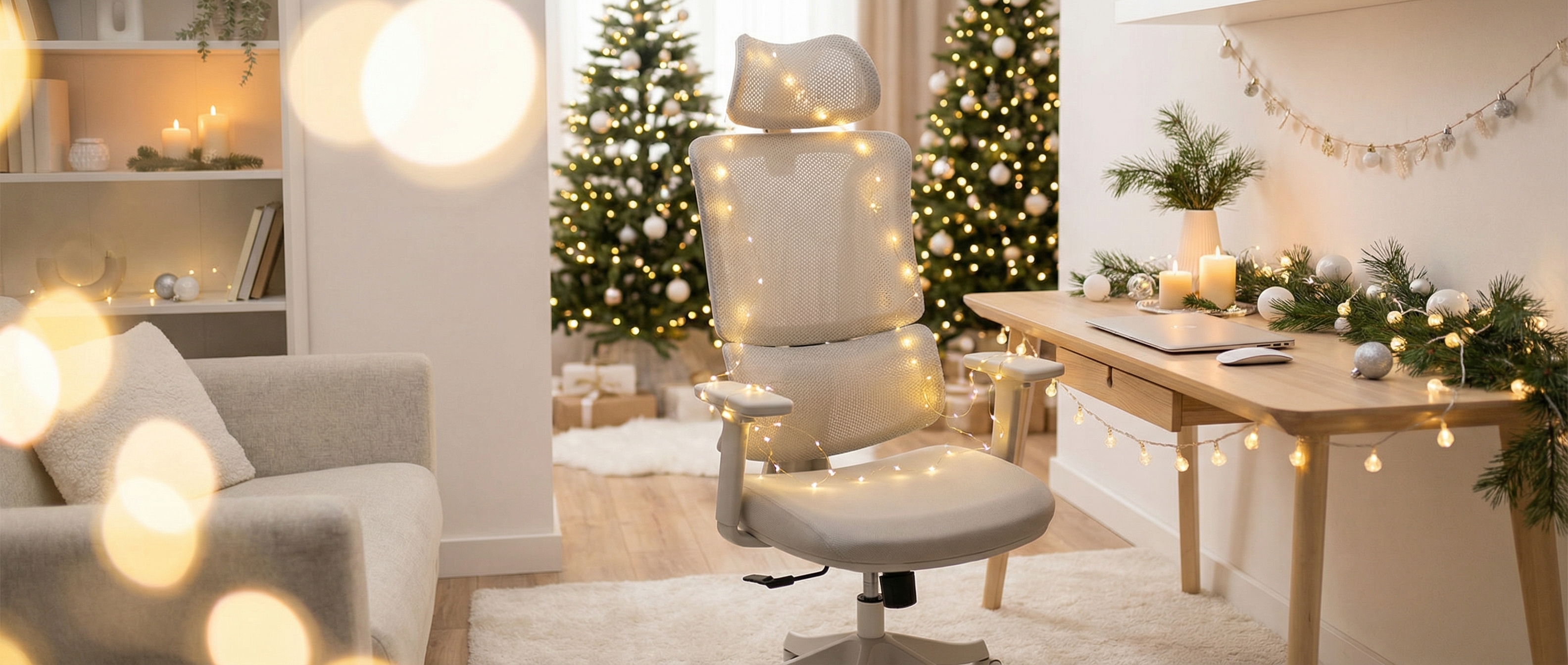 Ein beiger ergonomischer Bürostuhl steht in einem weihnachtlich dekorierten Homeoffice im Wohnzimmer